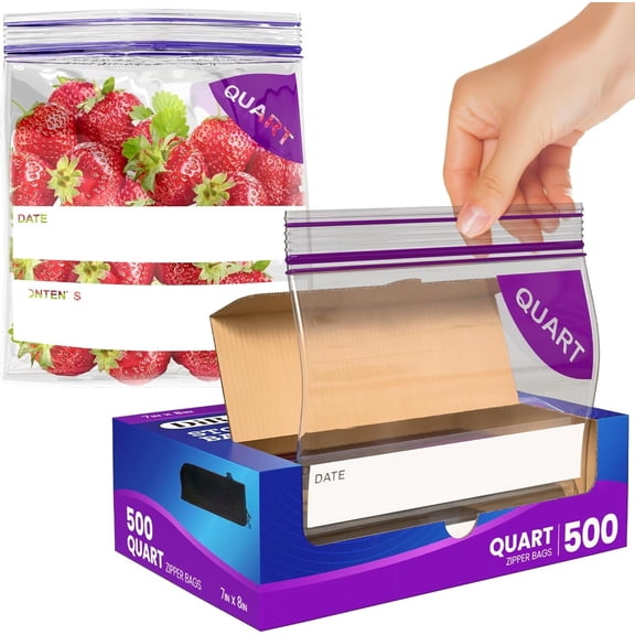 Quart Bags Pack of 500 - 1 Quart Reclosable Storage Bags - Practical and Durable Design - Safe Non-BPA Material - Easy Double Zip Closure - Ideal for , Snacks, Organizing