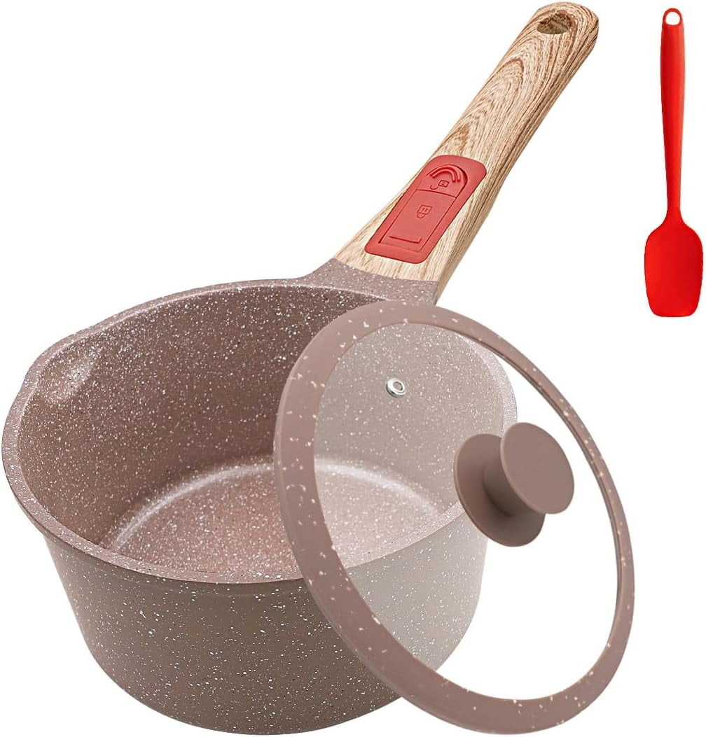 Quart Ceramic Nonstick Saucepan with Lid, Small Sauce Pot with Pour