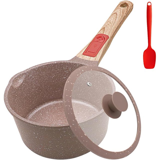 Quart Ceramic Nonstick Saucepan with Lid, Small Sauce Pot with Pour