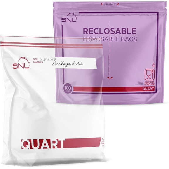 Quart Food Bags by -100 Bags- Leak-Proof, Clear, Write-On Block, Reclosable, Disposable Storage Bags, Double Seal Zippers with Clicking Noise Zip Confirmation, Stand-Alone Gusset, Easy Dispensing