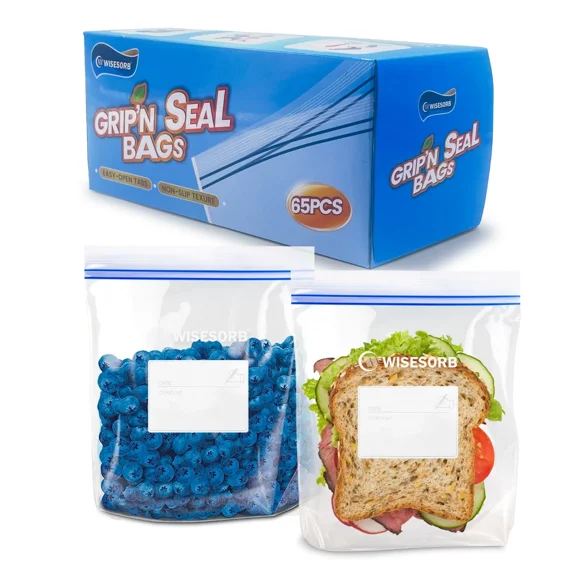 Quart Food Storage Freezer Bag, 65 Count Grip 'N Seal Bags For Storage