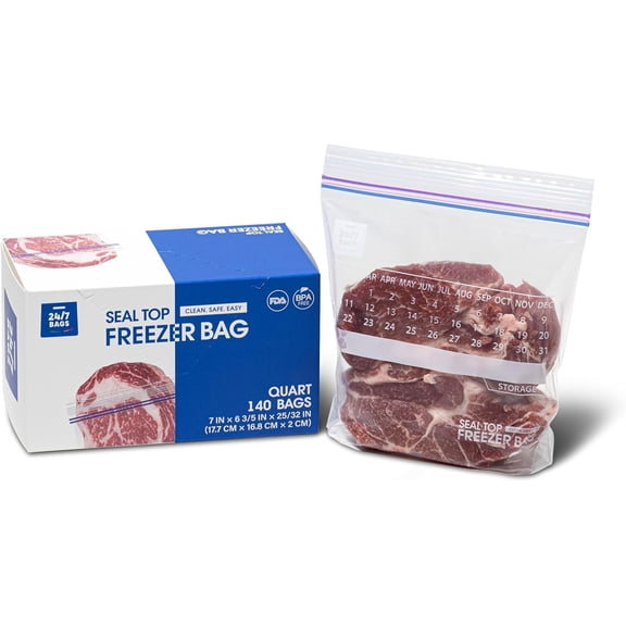 Quart Freezer Bags, 140 Count with Expandable Bottom and New Calendar Feature, Easy Fill On The Go
