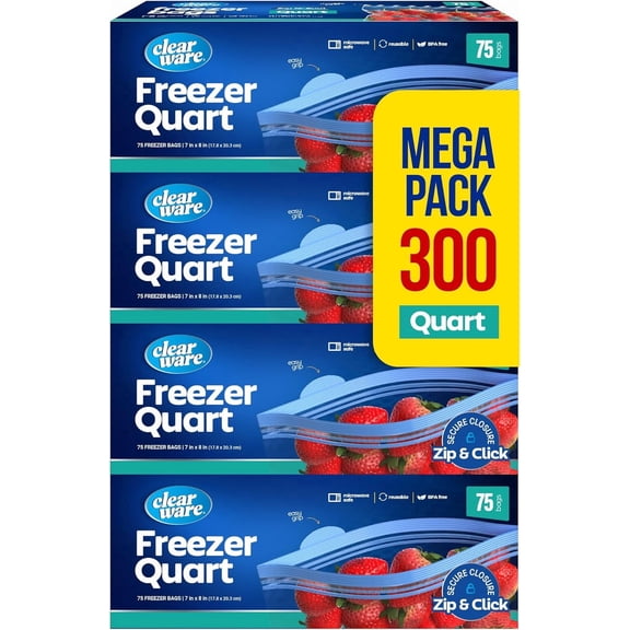 Quart Freezer Bags - Double Zipper Seal -300 Count, (4 Packs of 75) Resealable Plastic Freezer Containers - Reusable Pouches for Food Storage, Meat, Fresh Vegetables, Fruit - Microwave-Safe, BPA Free