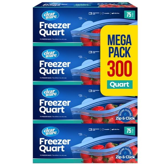 Quart Freezer Bags - Resealable Plastic Freezer Containers - Reusable Double Zipper Pouches for Food Storage, Meat, Fresh Vegetables, Fruit - Microwave-Safe, Zero BPA - 4 Boxes, 300 Count