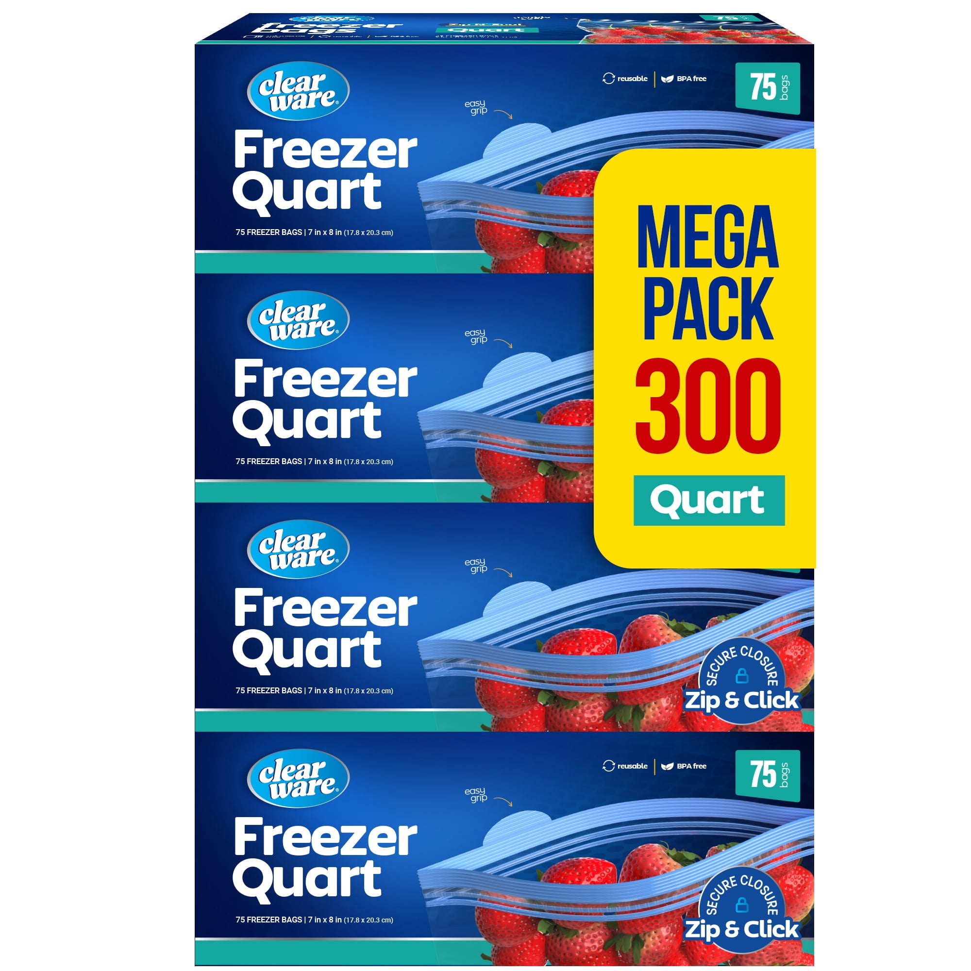 ClearWare, Quart Freezer Bags, 300ct, Resealable Double Zipper Pouches ...