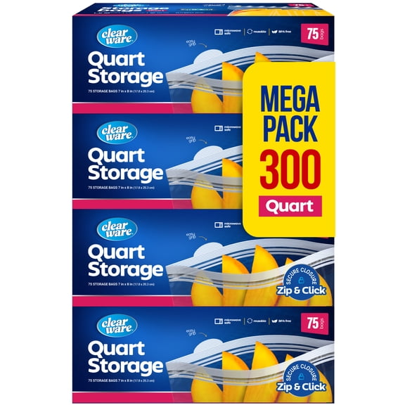 Quart Plastic Storage Bags - Reusable Thick Food Storage Bags - Microwave-Safe, Zero BPA - Resealable Double Zippered Containers for Lunch, Snacks, Meals - 4 Boxes, 300 Count