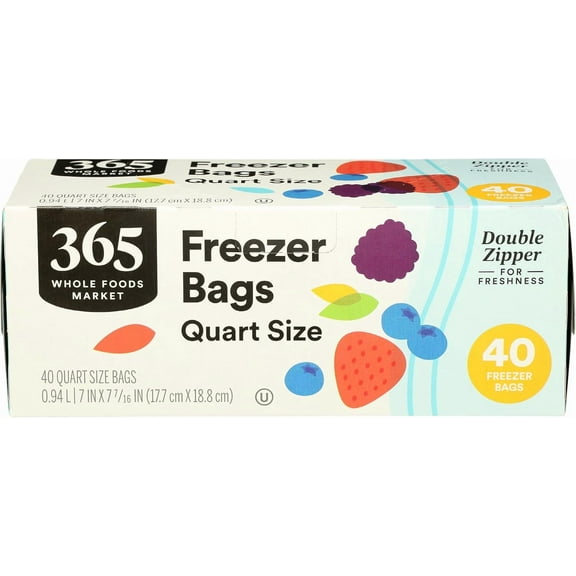 , Quart Size Freezer Bags, Double Zipper, 40 Count