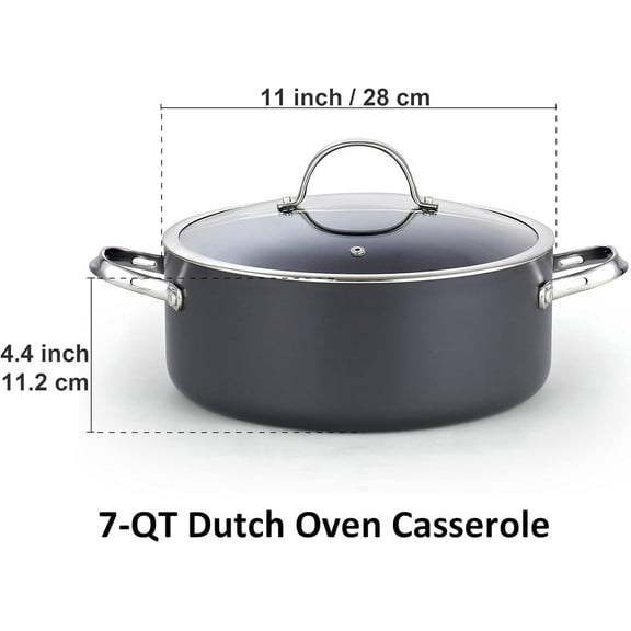 -Quart Stock Pot with Glass Lid, Hard Anodized Nonstick Dutch Oven, Black