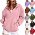 thumbnail image 1 of Quarter Button Sweatshirt Women Collared Fleece Long Sleeve Sweatshirt No Hood Winter Solid Color Loose Casual Pullover Tops with Side Pockets Pinks S, 1 of 9