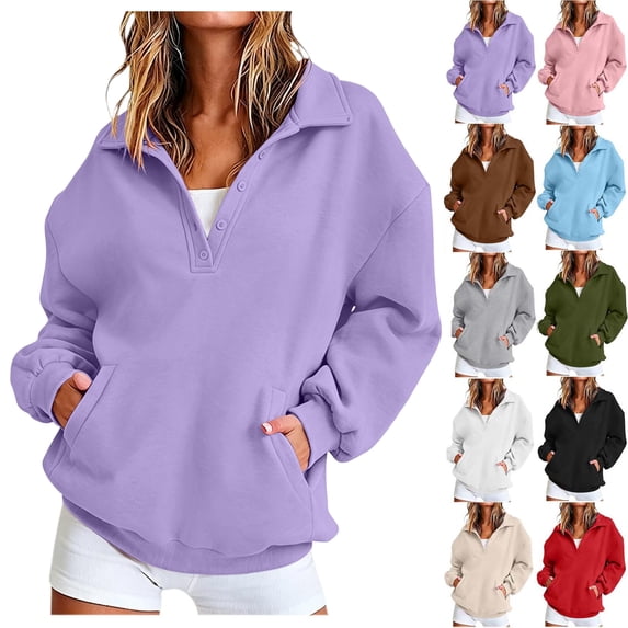 Quarter Button Sweatshirt Women Collared Fleece Long Sleeve Sweatshirt No Hood Winter Solid Color Loose Casual Pullover Tops with Side Pockets Purples M