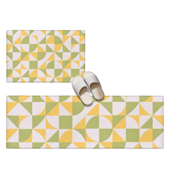 Quarter Circle 2 Pieces Non-Slip Kitchen Mat Set, Abstract Minimalist Modern Yellow Green Geometric Soft Door Mat with Rubber Backing, Dirtproof Rugs for Entrance Doorway, 19.7x31.5in+19.7x47.2in