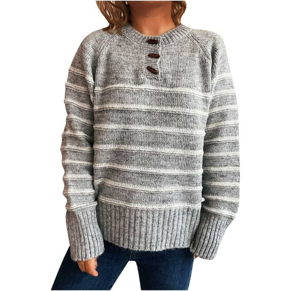 Quarter Horn Button Jumper for Women Stripe Sweater Crewneck Pullover Oversized Long Sleeve Sweaters Color Block Knit Shirts Chunky Loose Outfits Fleece Outwear Fashion Clothing