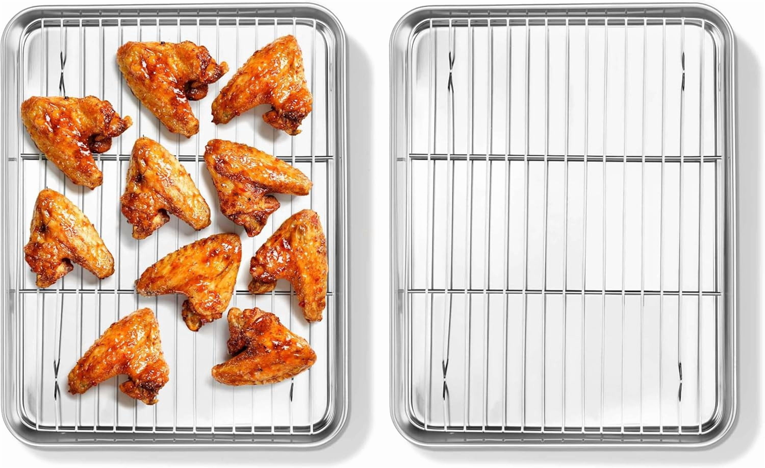Quarter Sheet Pan with Rack Set (2 Sheets + 2 Racks), 9x13 Stainless Steel Baking Sheets with Cooling Racks Non Toxic, Metal Cookie Bacon Tray for Toaster Oven Baking Cooking, Dishwasher Safe