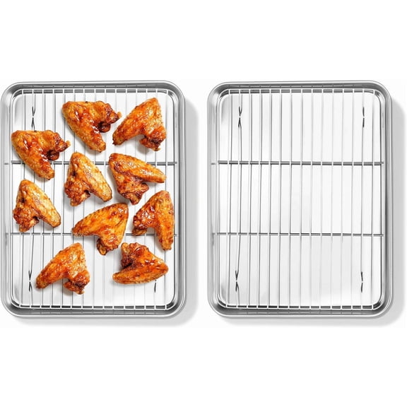 Quarter Sheet Pan with Rack Set (2 Sheets + 2 Racks), 9x13 Stainless Steel Baking Sheets with Cooling Racks Non Toxic, Metal Cookie Bacon Tray for Toaster Oven Baking Cooking, Dishwasher Safe