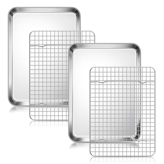 Quarter Sheet Pan with Wire Rack Set (2 Baking Sheets+2 Racks), Homikit Stainless Steel Baking Tray with Grid Cooling Rack for Toaster Oven Roasting, Metal Bacon Cookie Jelly Roll Pan, 12" x 10" Inch