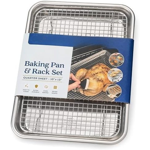 Quarter Sheet Pan with Wire Rack Set - Includes Premium Aluminum Baking Sheet with 100% Stainless Steel Baking Rack, Cookie Cooling Racks with 1/4 Pan Commercial Quality