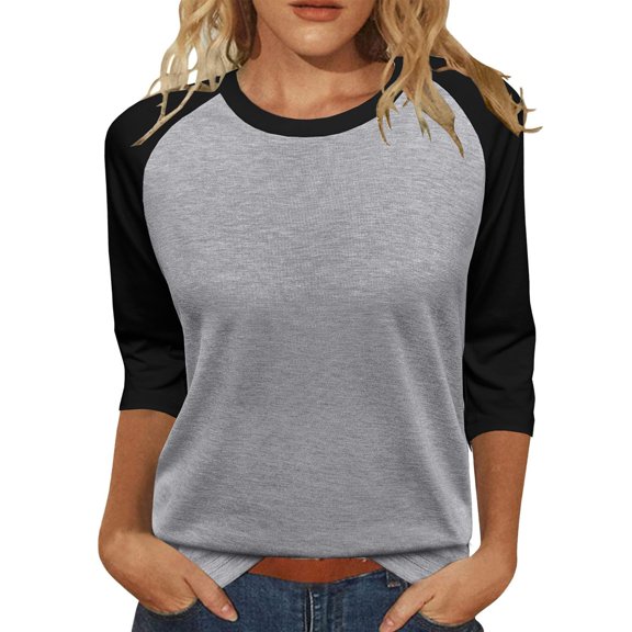 Quarter Sleeve Tops for Women, Comdrip Women's 3/4 Shoulder Sleeve Color Blocked T Shirt Top Women's Tops 3/4 Sleeve Dark Gray L