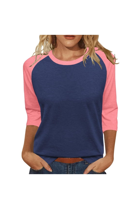 Quarter Sleeve Tops for Women, Comdrip Women's 3/4 Shoulder Sleeve Color Blocked T Shirt Top Women's Tops 3/4 Sleeve Navy XL