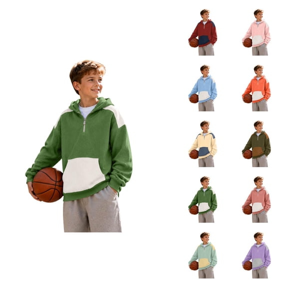 Quarter Zip Color Block Kids Hoodie Knit Pullover Hooded Sweatshirt with Pocket Soft Breathable Lightweight Layer Top Stylish Outerwear for Children Aged 4-14 Casual Daily Wear