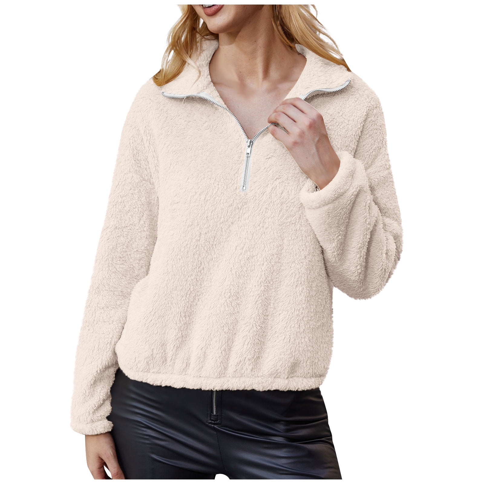 Quarter Zip Fuzzy Fleece Pullover Women Sherpa Jackets Half Zip