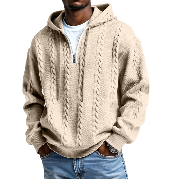 Quarter Zip Hoodie Men Cable Knit Zipper Hooded Long Sleeve Sweatshirt Men's Casual Solid Color Sweatshirts Khaki L