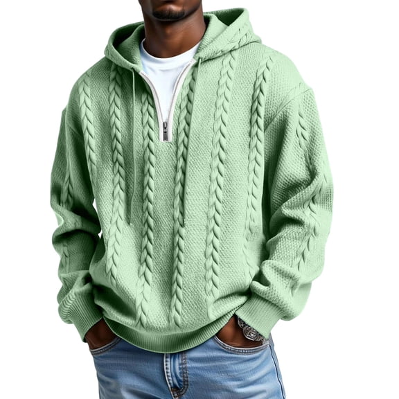 Quarter Zip Hoodie Men Cable Knit Zipper Hooded Long Sleeve Sweatshirt Men's Casual Solid Color Sweatshirts Mint Green 2XL