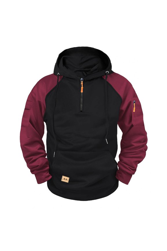 Quarter Zip Hoodie Men Lightweight Color Block Raglan Sleeve Athletic Pullover with Zipper Pockets Casual Drawstring Hooded Trendy Pullover