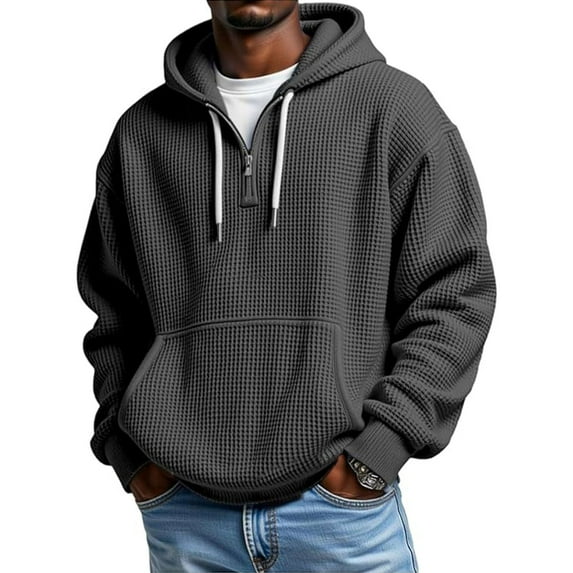 Quarter Zip Hoodie Mens Waffle Knit Drawstring Hooded Sweatshirt Plain Pullover with Pocket Long Sleeve Fall Tops (2XL, Dark Gray)