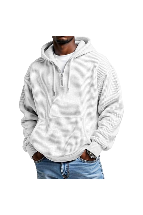 Quarter Zip Hoodie Mens Waffle Knit Drawstring Hooded Sweatshirt Plain Pullover with Pocket Long Sleeve Fall Tops (3XL, White)