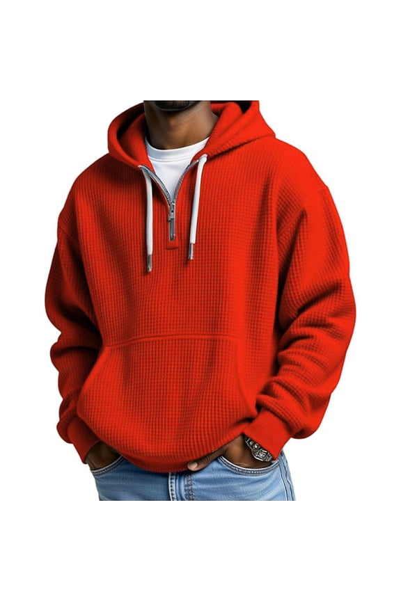 Quarter Zip Hoodie Mens Waffle Knit Drawstring Hooded Sweatshirt Plain Pullover with Pocket Long Sleeve Fall Tops (5XL, Red)