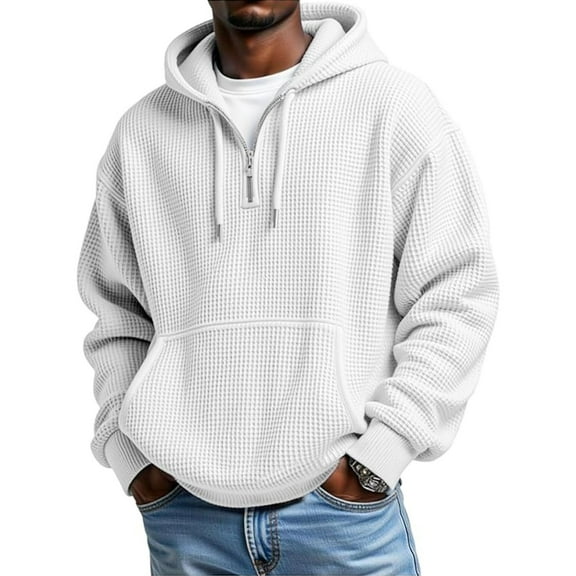 Quarter Zip Hoodie Mens Waffle Knit Drawstring Hooded Sweatshirt Plain Pullover with Pocket Long Sleeve Fall Tops (5XL, White)