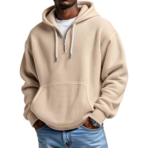 Quarter Zip Hoodie Mens Waffle Knit Drawstring Hooded Sweatshirt Plain Pullover with Pocket Long Sleeve Fall Tops (S, Beige)
