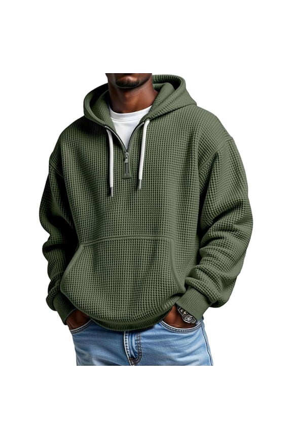 Quarter Zip Hoodie Mens Waffle Knit Drawstring Hooded Sweatshirt Plain Pullover with Pocket Long Sleeve Fall Tops (XL, Army Green)