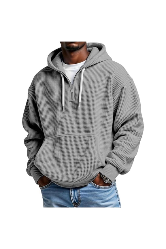 Quarter Zip Hoodie Mens Waffle Knit Drawstring Hooded Sweatshirt Plain Pullover with Pocket Long Sleeve Fall Tops (XL, Gray)