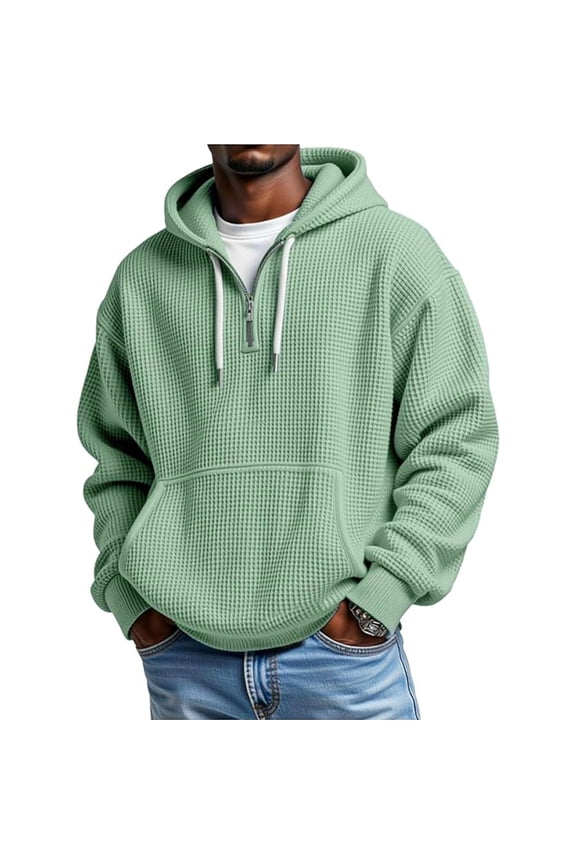 Quarter Zip Hoodie Mens Waffle Knit Drawstring Hooded Sweatshirt Plain Pullover with Pocket Long Sleeve Fall Tops (XL, Green)