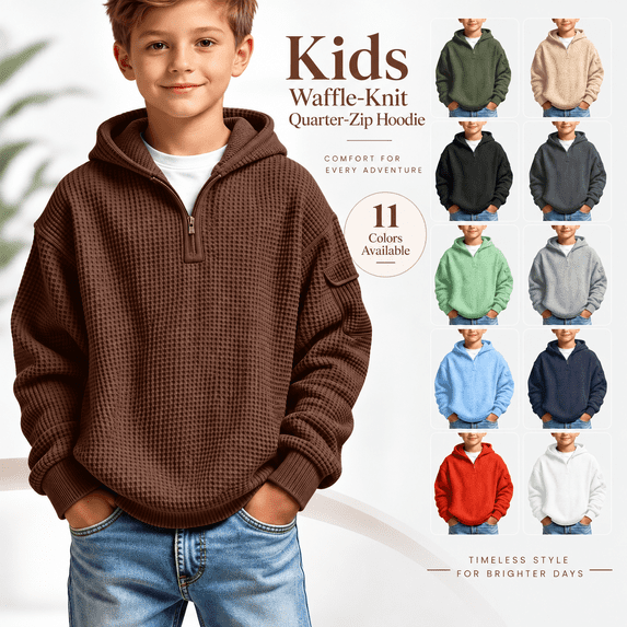 Quarter Zip Hoodie for Boys, Fashion Waffle Hooded Sweatshirt with Pockets, Fall Long Sleeve Pullover Layering Tops, 11-12 Years