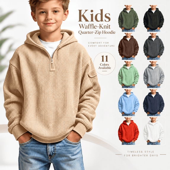 Quarter Zip Hoodie for Boys, Fashion Waffle Hooded Sweatshirt with Pockets, Fall Long Sleeve Pullover Layering Tops, 7-8 Years