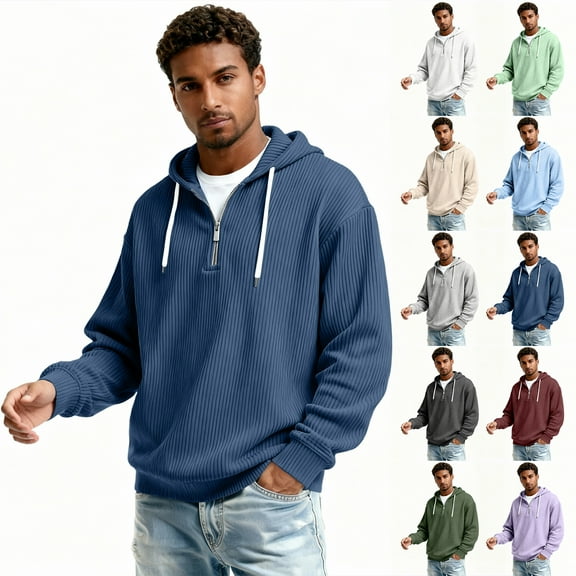 Quarter Zip Hoodies for Men Casual Cotton Drawstring Hooded Sweatshirt Fall Winter Long Sleeve 1/4 Zip Pullover Tops White L