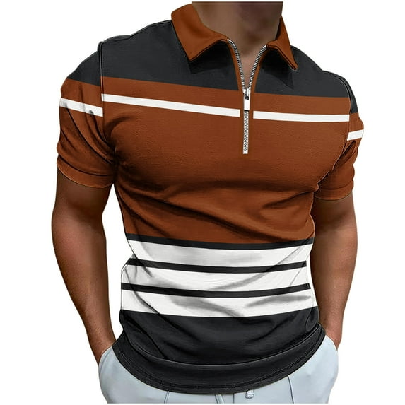 Quarter Zip Lapel Short Sleeve Shirts Mens Striped Tops Colorblock Print Slim Fit Blouses Workout T-shirt Casual Tees Pullovers Orange,S