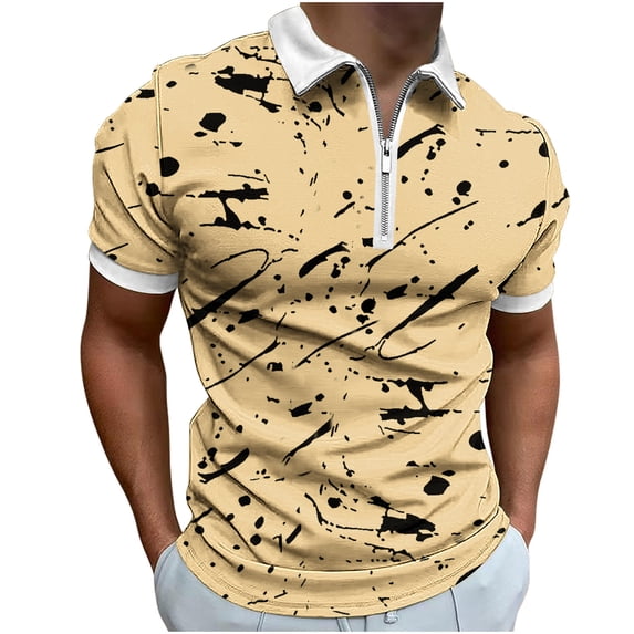 Quarter Zip Lapel Short Sleeve Shirts Mens Striped Tops Colorblock Print Slim Fit Blouses Workout T-shirt Casual Tees Pullovers Yellow,XL