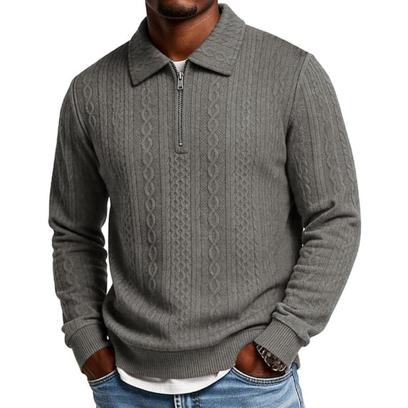 Quarter Zip Long Sleeve Polo Shirt for Men Turn Down Collar Polos Cable Knit Slim Fit Sweater for Business Casual