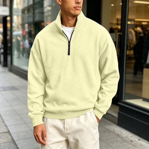 Quarter Zip Men Sweatshirt Fall winter Pullover Casual Collar Fleece Long Sleeve Sweatshirts Beige