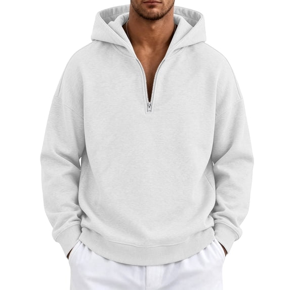 Quarter Zip Men's Hoodies Vintage 1/4 Zip Loungewear Mens Sweatshirts Long Sleeve Pullover with Pocket White L
