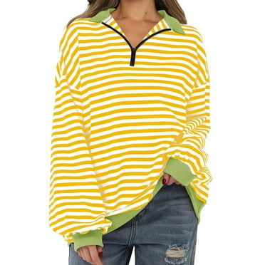 Quarter Zip Oversized Sweatshirts Trendy Striped Pullover Fall Casual Lapel Zipper Neck Long Sleeve Tops Women's (XL, Yellow)