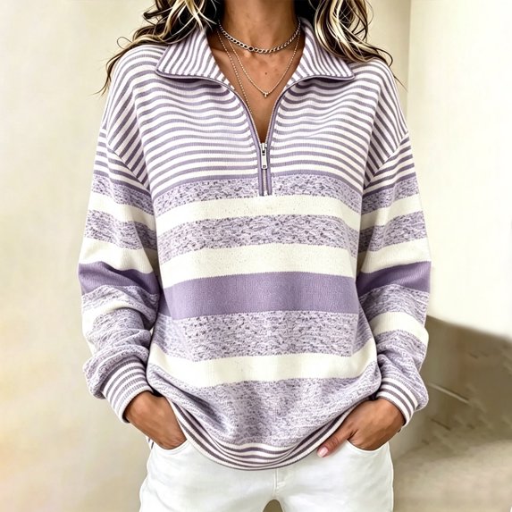 Quarter Zip Pullover For Women Features Striped Sweatshirt Design With Long Sleeves And Collared Neck For Weekend Layering