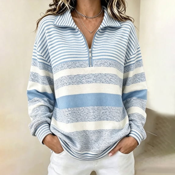 Quarter Zip Pullover For Women Features Striped Sweatshirt Design With Long Sleeves And Collared Neck For Weekend Layering