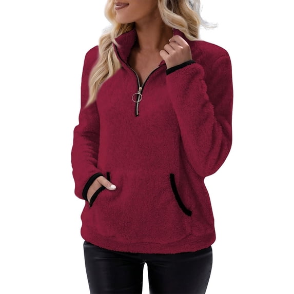 Quarter Zip Pullover For Women Fuzzy Fleece Pullover Long Sleeve Soft Cozy Sherpa Fall Warm Oversized 3/4 Zip Sweatshirt with Pocket Wine M