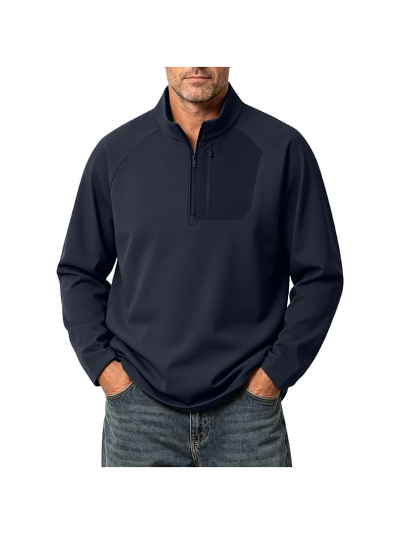 Quarter Zip Pullover Men 1/4 Zip Softshell Golf Jacket Fleece Lined Wind Resistant Loose Sweatshirt Zipper Pockets Spring Fall Big & Tall Size M-4XL Dark Blue