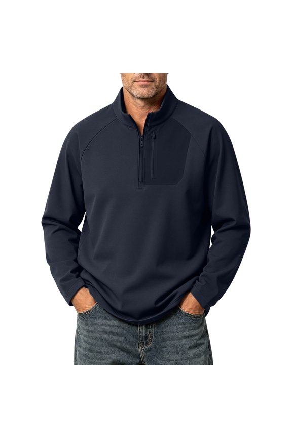 Quarter Zip Pullover Men 1/4 Zip Softshell Golf Jacket Fleece Lined Wind Resistant Loose Sweatshirt Zipper Pockets Spring Fall Big & Tall Size M-4XL Dark Blue