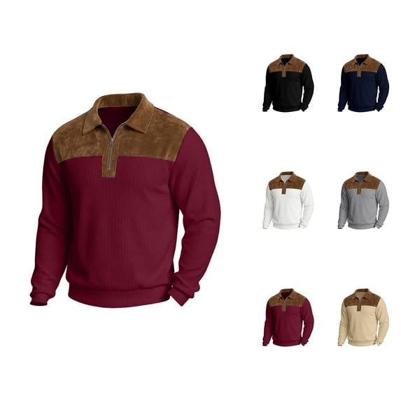 Quarter Zip Pullover Men 2026 Fall Winter Long Sleeve Color Block Patchwork Corduroy Lapel Collar Pullover Sweatshirt